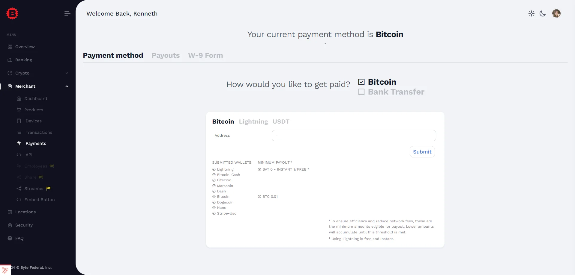 ByteConnect payout methods